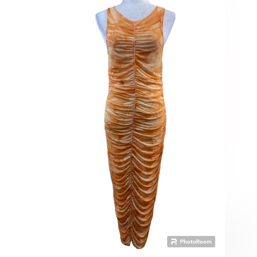 House of Harlow 1960 Midi Dress Women's Medium Ruched Sleeveless Orange Stretch
